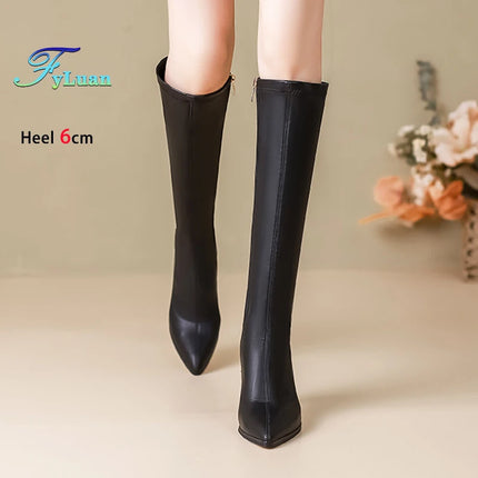 Spring Autumn Elastic Leather Boots For Women 6CM 8CM High Heels Side Zipper Knee-high Boors Fashion Pointed Winter Woman Shoes