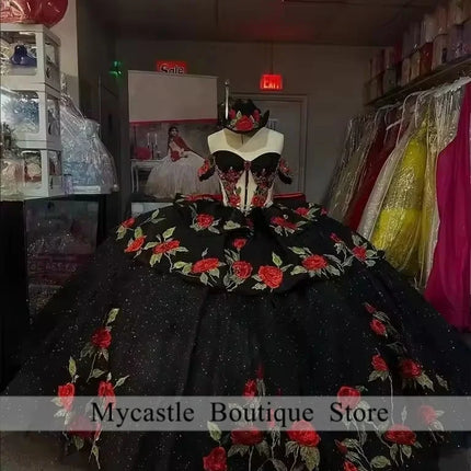 Black Mexican Red Roses Embroidery Quinceanera Dress Ball Gown 2026 Off The Shoulder Sweet 15 16 Dress Birthday Gown Customized