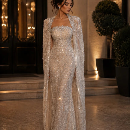 2026 Elegant Customized Two Pieces Champagne Evening Dresses Long Cape Sleeve Mermaid Strapless Arabic Dubai Prom Party Gowns
