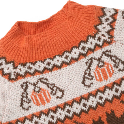 Women's Halloween Cat Pumpkin Pattern Turtleneck Knit Sweater Orange Casual Long Sleeve Pullover for Fall