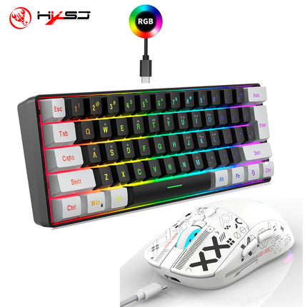 HXSJ-60% RGB Backlit Gaming Keyboard and Mouse Set 61-Key Wired Keyboard 3-Mode Optical Gaming Wireless Mouse for - product i