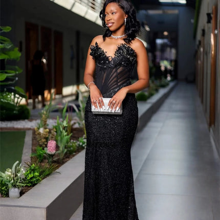 Sparkly Long Prom Dresses For Black Girls Mermaid Sweetheart Beaded African Evening Gowns Birthday Party Robe Customized