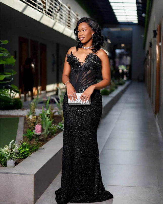 Glitzernde lange Ballkleider für schwarze Mädchen Meerjungfrau Schatz Pailletten Afrikanische Abendkleider Geburtstagsparty Robe Maßgeschneidert