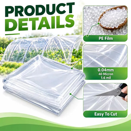 Product detail close-ups of PE pellets, film thickness, and cutting