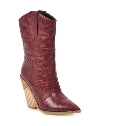 New Classic Embroidered pointed Sexy Cowboy Boots for Women Leather Cowgirl Boots High Heels Shoes Mid Calf Woman Boots Large