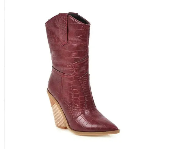 New Classic Embroidered pointed Sexy Cowboy Boots for Women Leather Cowgirl Boots High Heels Shoes Mid Calf Woman Boots Large
