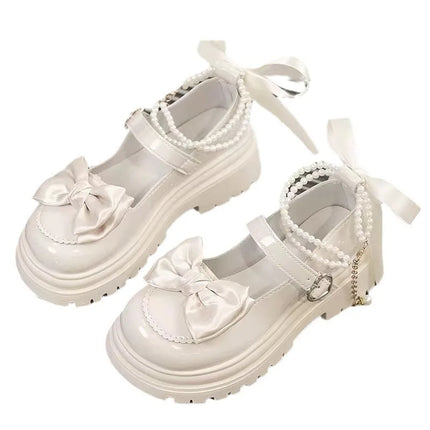 Lolita Shoes Heart Buckle Women Sweet Bow Pearl Chain Mary Janes Shoes Woman PU Leather Thick Bottom Party Pumps Mujer Zapatos