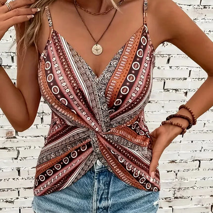 Women's sexy V-neck chain printed front twisted back camisole top, made of polyester fabric with spaghetti pattern