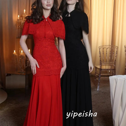 Customized Exquisite Classic Jersey Pleat Lace A-line High Collar Long Dresses Evening Dresses for Woman Sizes Available