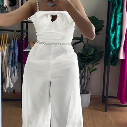 Jumpsuit Women 2025 Spring New Bandeau Beaded Spaghetti Strap Bowknot Design Ruched Slim Fit Jumpsuit Elegant Wide-Leg Overall