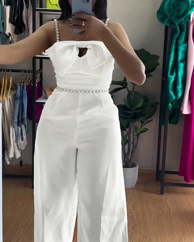 Jumpsuit Damen Frühjahr 2025 Neu Bandeau Perlen Spaghetti-Träger Schleife Design Geraffter Slim Fit Jumpsuit Eleganter Overall mit weitem Bein