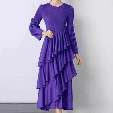 XFPV Elegant Fashion Style Women's Beautiful Dress Long Sleeves Round Neck Pleated Irregular Dresses For 2025 Autumn New 22D2441