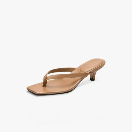Square toe clip sandals for women 2023 summer new high heel flip-flops large size slim heel women's outdoor leather slippers