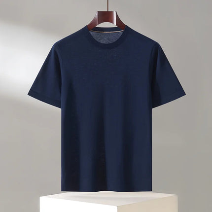 100% Lyocell Men's T-Shirt Casual Solid Color Knitted Pullover Short-Sleeved Loose Round Neck Tees Pull Vest Tops