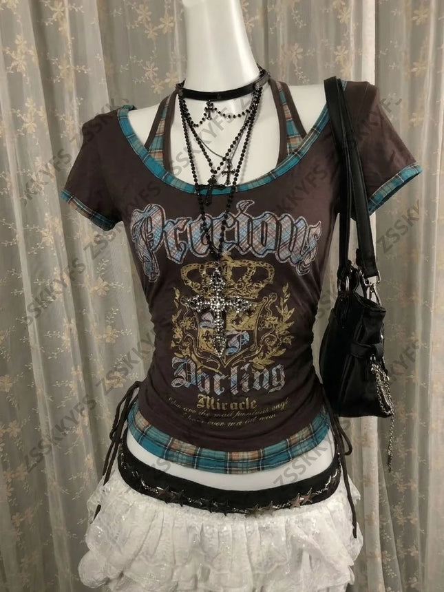 Himekaji T-Shirts Y2K Damen Gothic Streetwear Harajuku Punk 90er Kleidung Japanisches Mädchen Kurzarm-Shirts Kawaii Crop Tops