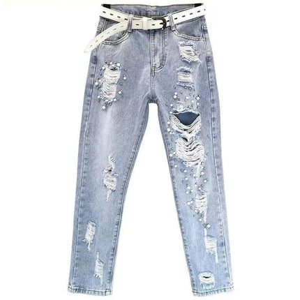 New Summer 2026 Women's Ripped Jeans with Heavy Beaded and Rhinestone,Ladies European Style High Waist Distressed Cropped Pants