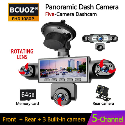 BCUOZ 5-Lens 360° Dashcam with Super Night Vision - 1080P Front 720P Rear Left Right Car Cameras Loop Recording G-Sensor WDR 12-24V Plug Power Supply Optional 64GB Memory Card
