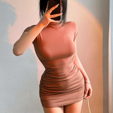 Sexy Tight Half High Collar Pleated Waist Mini Dress Spicy Girls Slim Dresses Bodycon Cortos Party Clothing