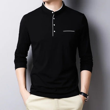 2025 Men's Business Casual Three Button Stand Up Collar Long Sleeved T-shirt Korean Style Comfortable Versatile Top