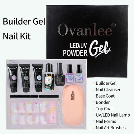 Ovanlee 13pcs gift box packaging,Builder Gel, Nail Cleanser, Base Coat, Bonder, Top Coat, UV/LED Nail Lamp, Nail Forms