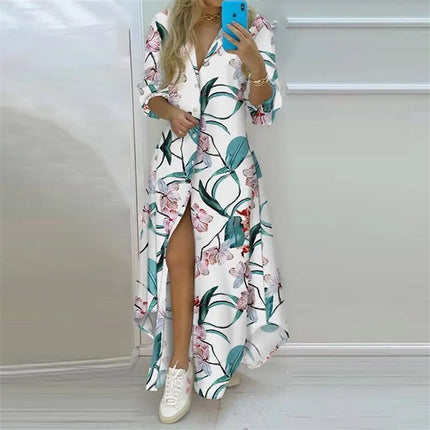 Summer Women Boho Printed Long Shirts Elegant Dress Turn-down Collar Long Sleeve Female Casual Split Shirt Evening Maxi Dresses