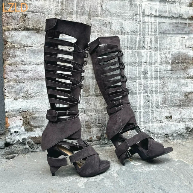 White Hollow Roman Belt Buckle Women's Boots 2025 New Sexy Model Catwalk Knee-High Thick Heels Fashion Party Casual Long Boots