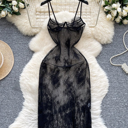 Woman Fashion Thin See Through Slim Fit Pure Desire Dress Women New Vintage Sexy Halter Mesh Embroidery Purple Long Dress