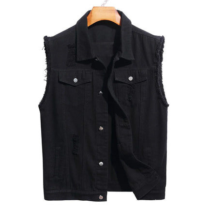 Men's Black Denim Vest Holes Ripped Cotton Waistcoat Fringe Sleeveless Lapel Collar Coat Top Outerwear