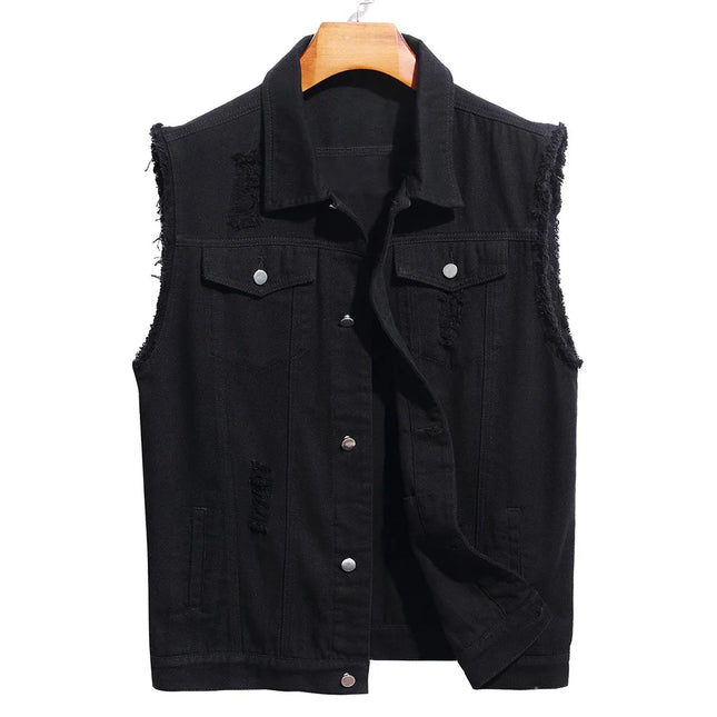 Chaleco vaquero negro para hombre con agujeros, deshilachado, de algodón, sin mangas, con cuello de solapa, abrigo superior, ropa de abrigo