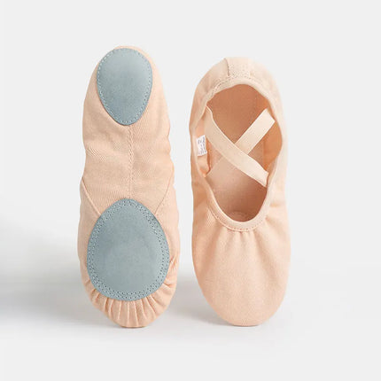 Tan ballet slippers shown from above and underneath
