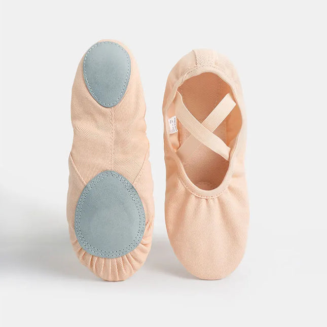 Tan ballet slippers shown from above and underneath