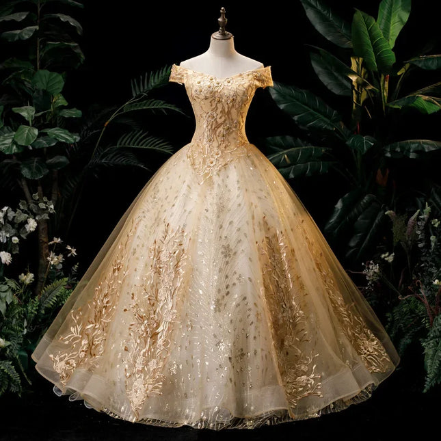 Klassische schulterfreie Kleider für Quinceañeras, Spitze, Blumen, Perlen, voluminöses Ballkleid, elegante lange Suknia Balowa, Maßanfertigung