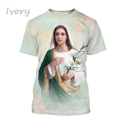 Virgin Mary T Shirt Goddess of Mercy 3D Print T-Shirt Christian Blessed Jesus God Tee Shirts Womens Clothing Unisex Short Sleeve