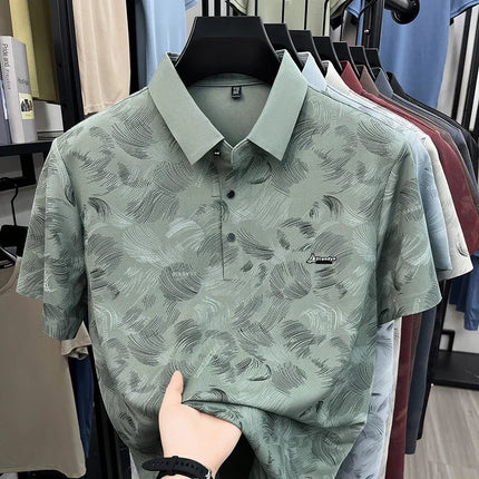 Slim Fit Feather Pattern Polo For Men Embroidered Logo Short Travel Family Gathering And Casual Dating Garment