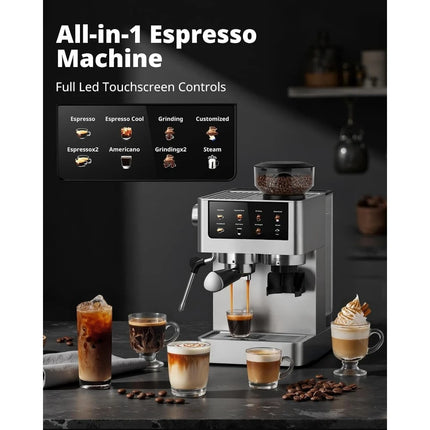 Espresso Coffee Machine 20 Bar with Burr Grinder Milk Frother Wand for Cappuccino Latte Americano and Iced Cold Brew
