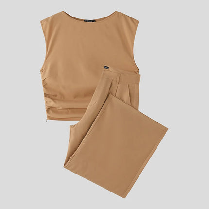 INCERUN Men Sets Solid Color Sleeveless Pleated Crop Tank Tops & Pants Two Pieces Sets Streetwear Loose 2025 Fashion Men's Suits