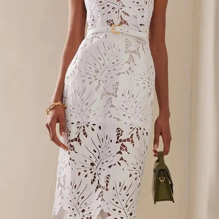 Elegant Lady High Waist Evening Dresses Sexy Mesh Hollow Out Tube Top Dress Fashion Solid Color Off Shoulder Slim Straight Dress
