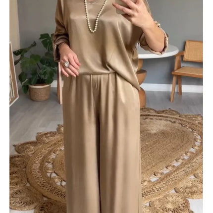 Spring Summer Fashion Solid Smooth Satin Two Piece Sets New Women's V Neck Half Sleeved Top And Long Pants Casual Loose Outfits