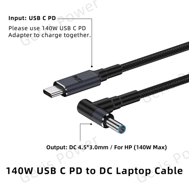 140W USB C PD auf DC 4.5X3.0mm Laptop Ladekonverter Schnellladekabel Adapter für HP Envy ProBook EliteBook Pavilion Stream