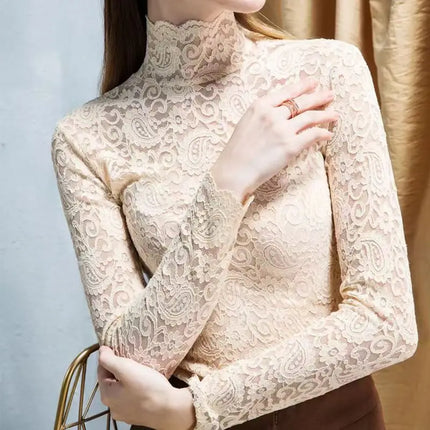 Autumn Winter High Neck Lace Long Sleeve Thick & Thin Fleece Basics Tops Elegant T-Shirt Trend Slim Sexy