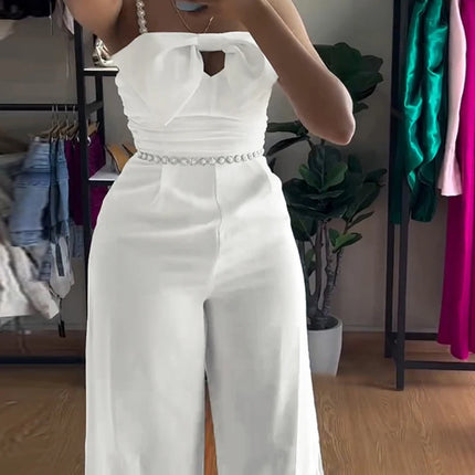 Jumpsuit Women 2025 Spring New Bandeau Beaded Spaghetti Strap Bowknot Design Ruched Slim Fit Jumpsuit Elegant Wide-Leg Overall