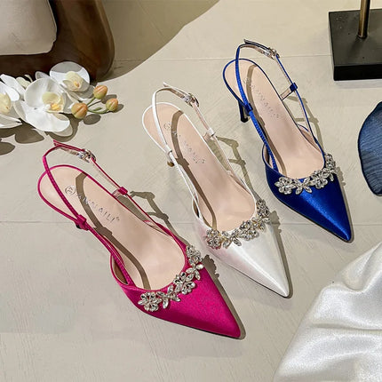 High Heels Sandals, Women's Rhinestone Toe, Spring and Summer Pointed Satin White Wedding Shoes, Bridesmaid Shoes