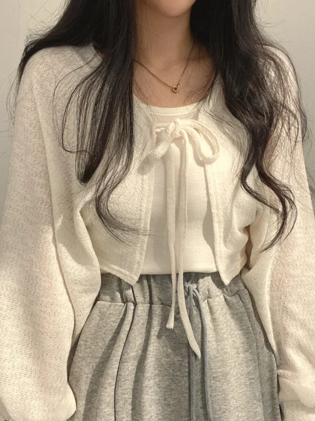 Thin White Cardigan Women Summer Sunscreen Lace-up Knitwear Tops Lady Korean Style Casual Lantern Sleeve - product image 8