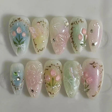 24Pcs Mid-length Gilded Almond Nails Set Press on 3D Flower Gradient Pink Full Cover False Nails Tips Pearl Reusable Fake Nails