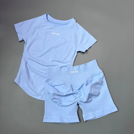 2 Piece Athletic Tracksuit, Seamless Short Sleeve Yoga Wear, High Stretch Running Shorts, Gym Training Outfit