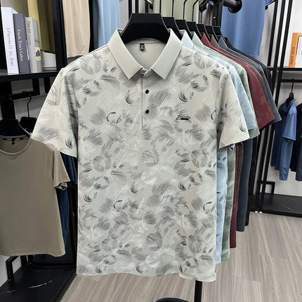 Mens Business Casual Feather Print Short Sleeve Polo Shirts Tops Soft Breathable Fashion Shirts for Men