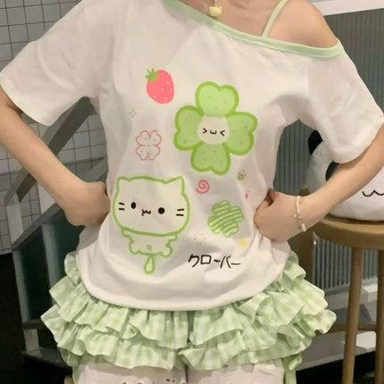 Ezgaga Harajuku T Shirts Women Cartoon Sweet Diagonal Collar Short Sleeve Off Shoulder Funny Tops Female Y2k Ladies Tshirts