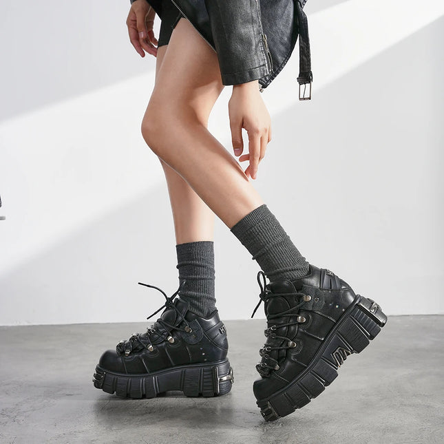 2026 New Brand Punk Style Women Shoes Lace-up heel height 6CM Platform Shoes Woman Rock Boots Metal Decor Woman Sneakers