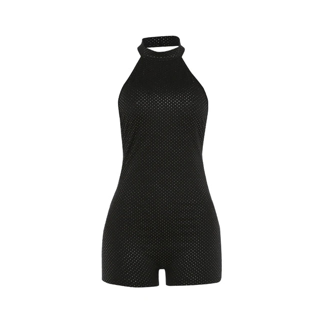 Nibber rückenfreier Overall für Damen, sexy Neckholder mit glitzerndem Punktmuster, ärmellos, Mitternachts-Wild-Sommer, sexy, figurbetont, Club-Urlaub, Playsuits