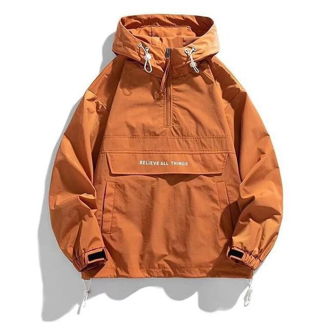 Chaqueta Anorak para Hombre Primavera Otoño Moda Masculina Media Cremallera Ropa Urbana Hip Hop Abrigos con Capucha Hombres Chaquetas Cortavientos Sueltas Impermeables